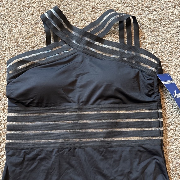 Holler Women's One Piece Black Bathing Suit Sz Medium Sheer Mesh Stripes NWT - Picture 2 of 6
